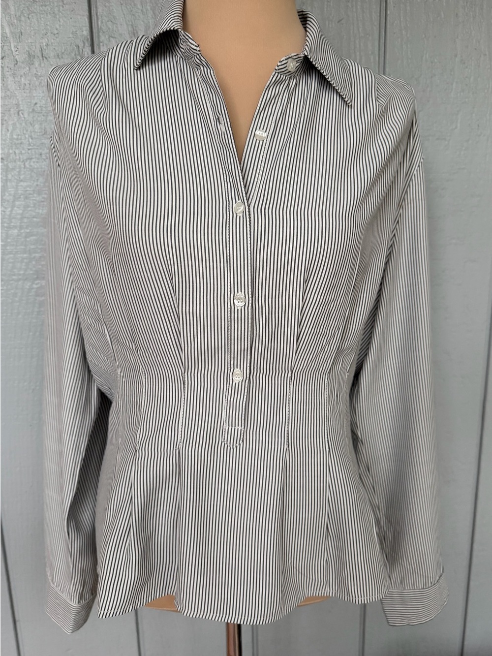 Classic navy & White Striped Button up Women's Shirt size L by Max Studio